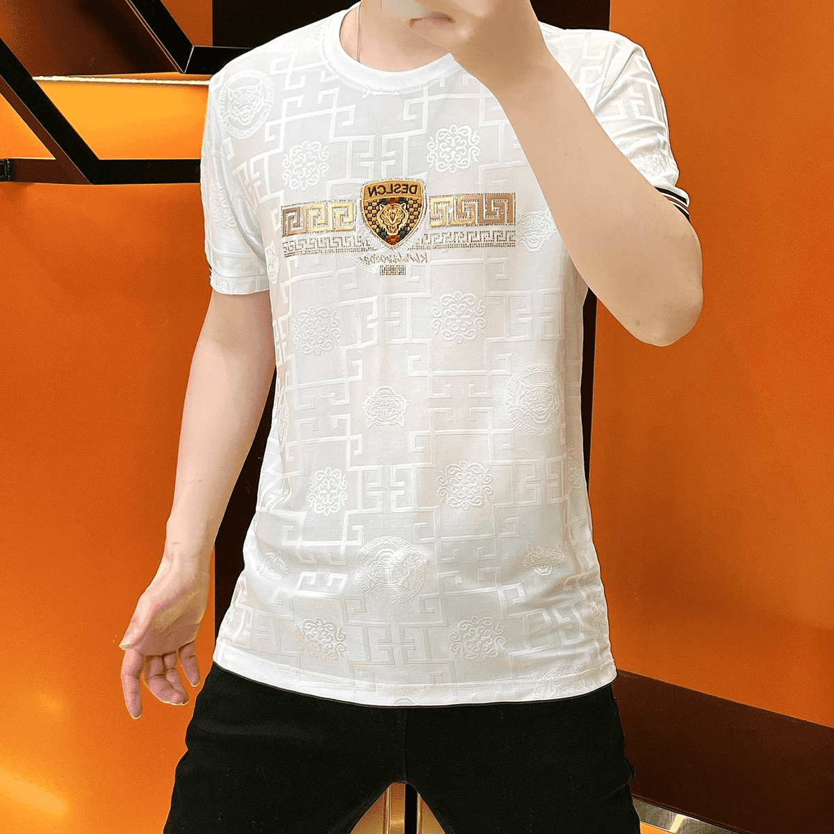 Quality summer men's dark pattern jacquard ice silk T-shirt