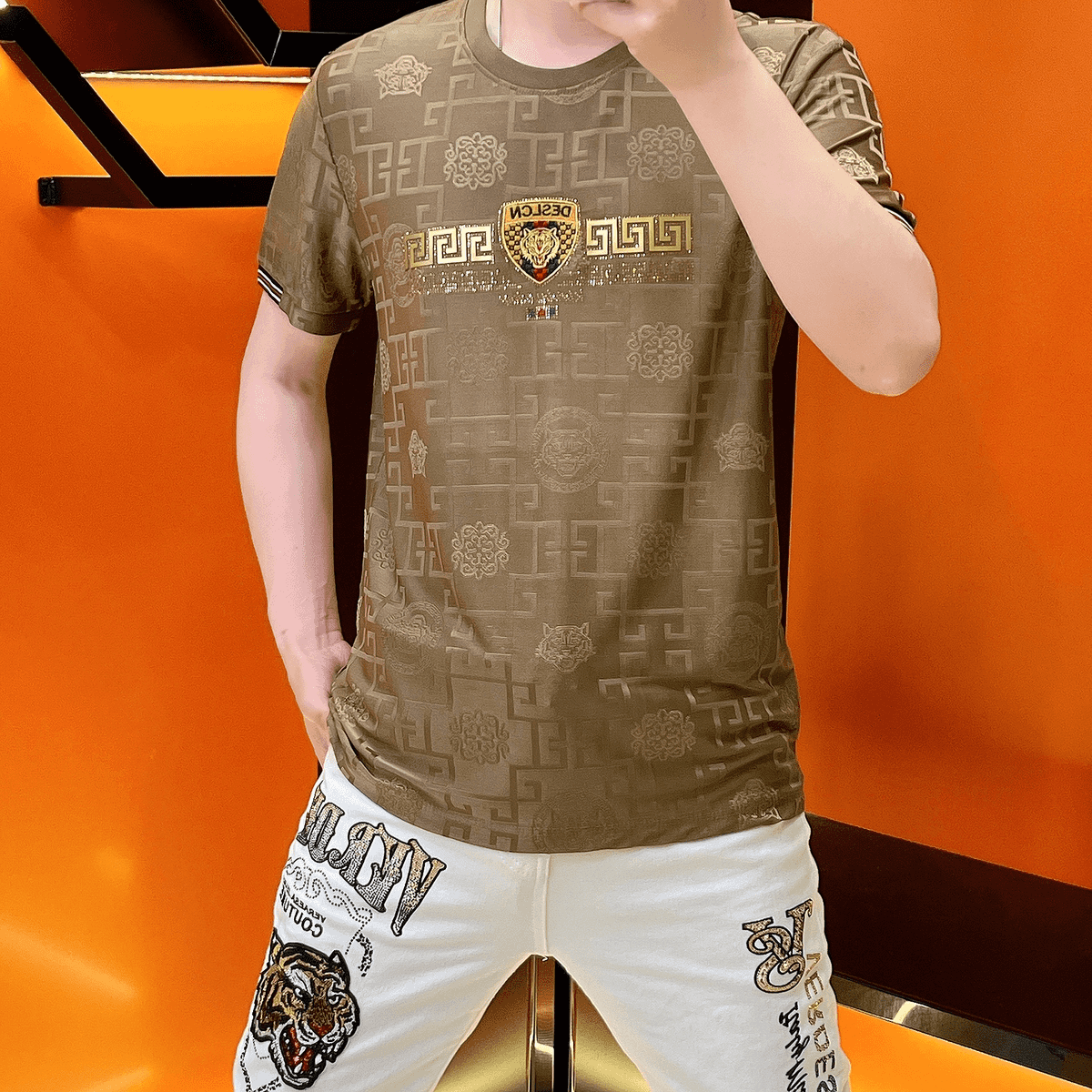 Quality summer men's dark pattern jacquard ice silk T-shirt