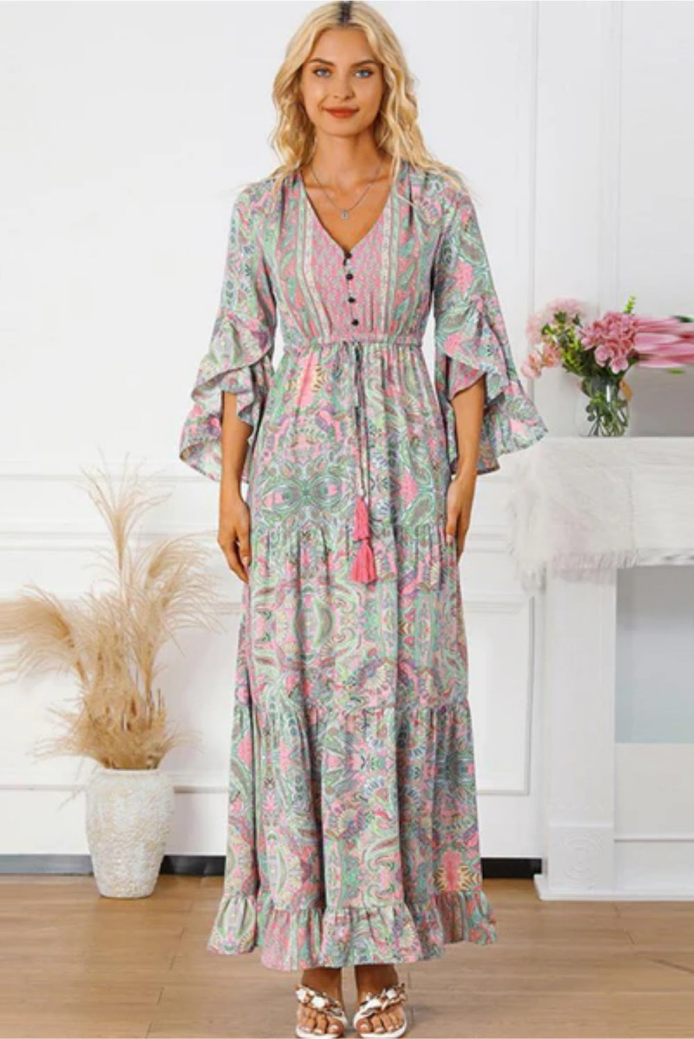 Paisley Printed Ruffle Trim Elegant Maxi Dress
