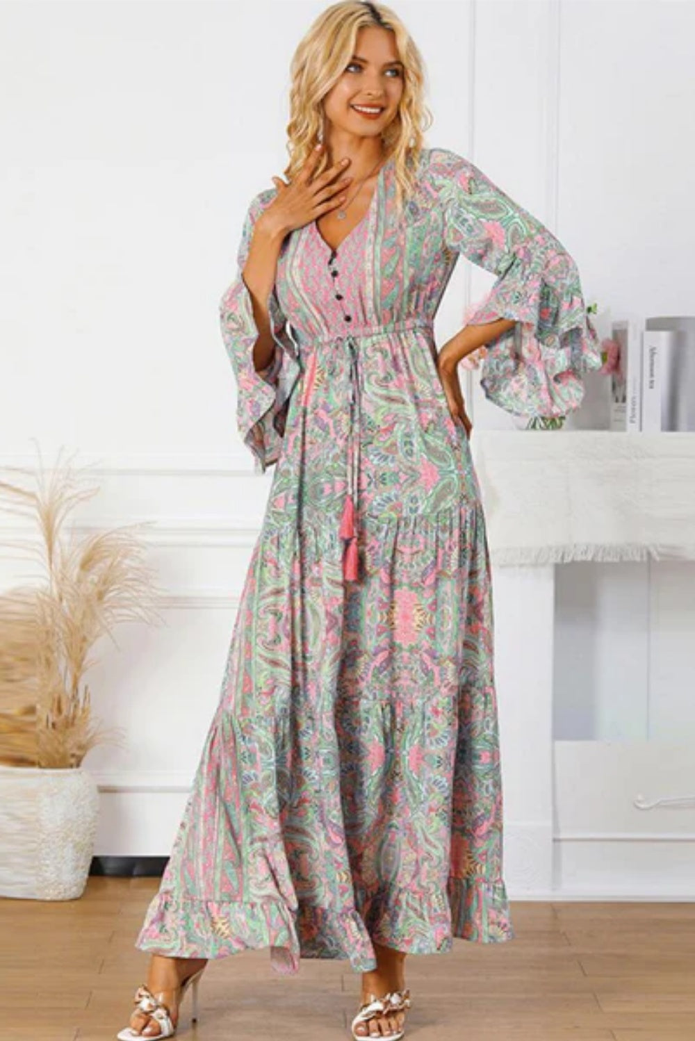 Paisley Printed Ruffle Trim Elegant Maxi Dress