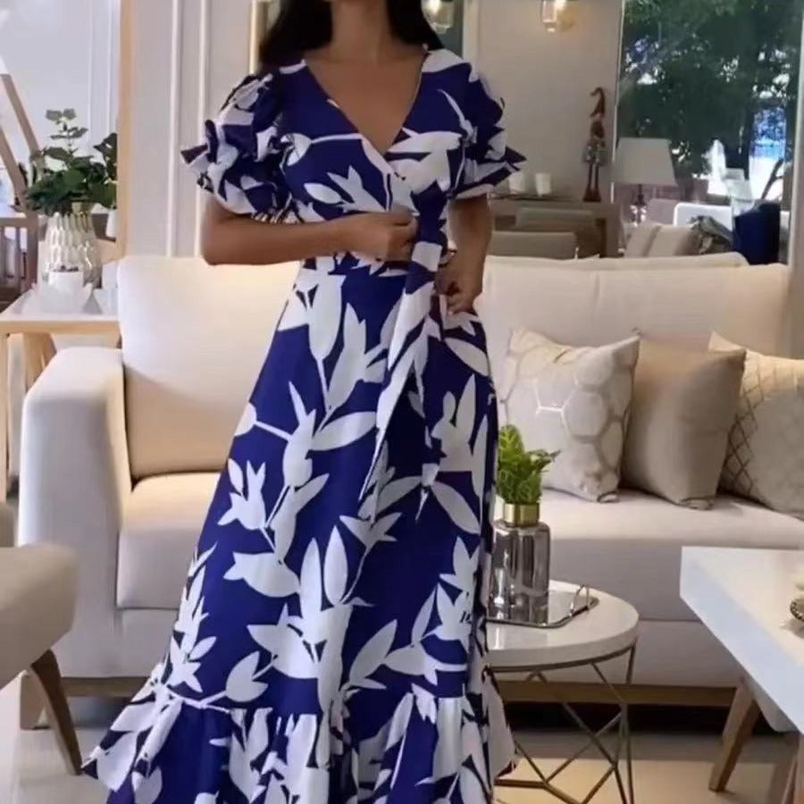 Elegant Blue And White Printed Maxi Dress