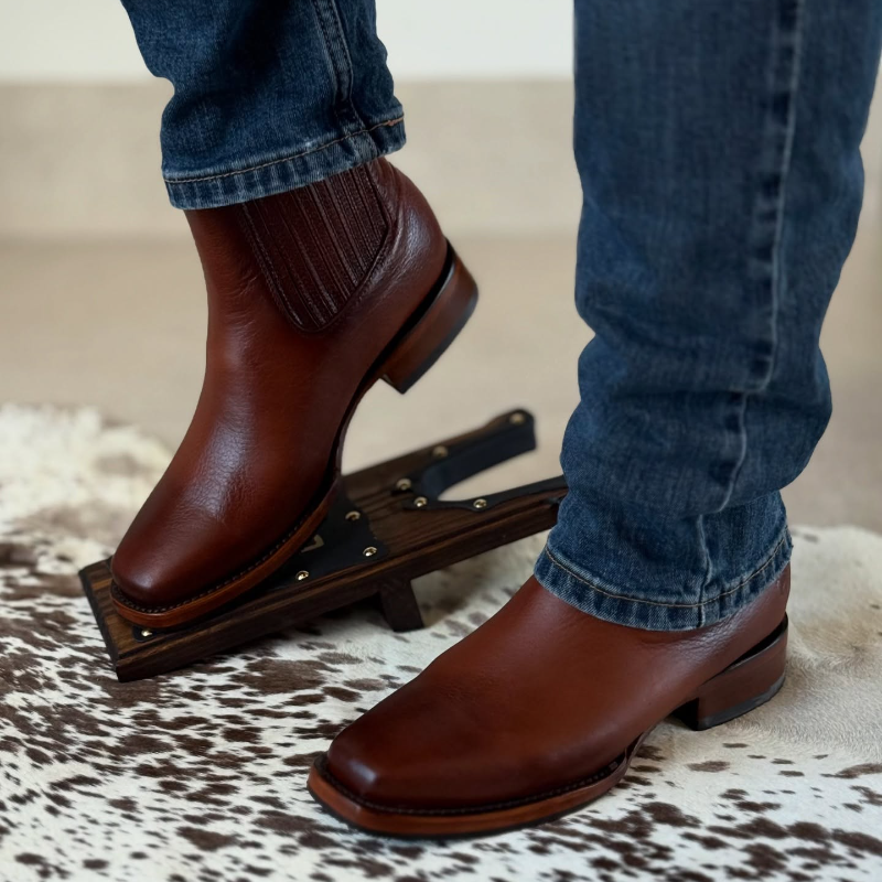 Men's Brown Stretch Genuine Leather Ankle Boots