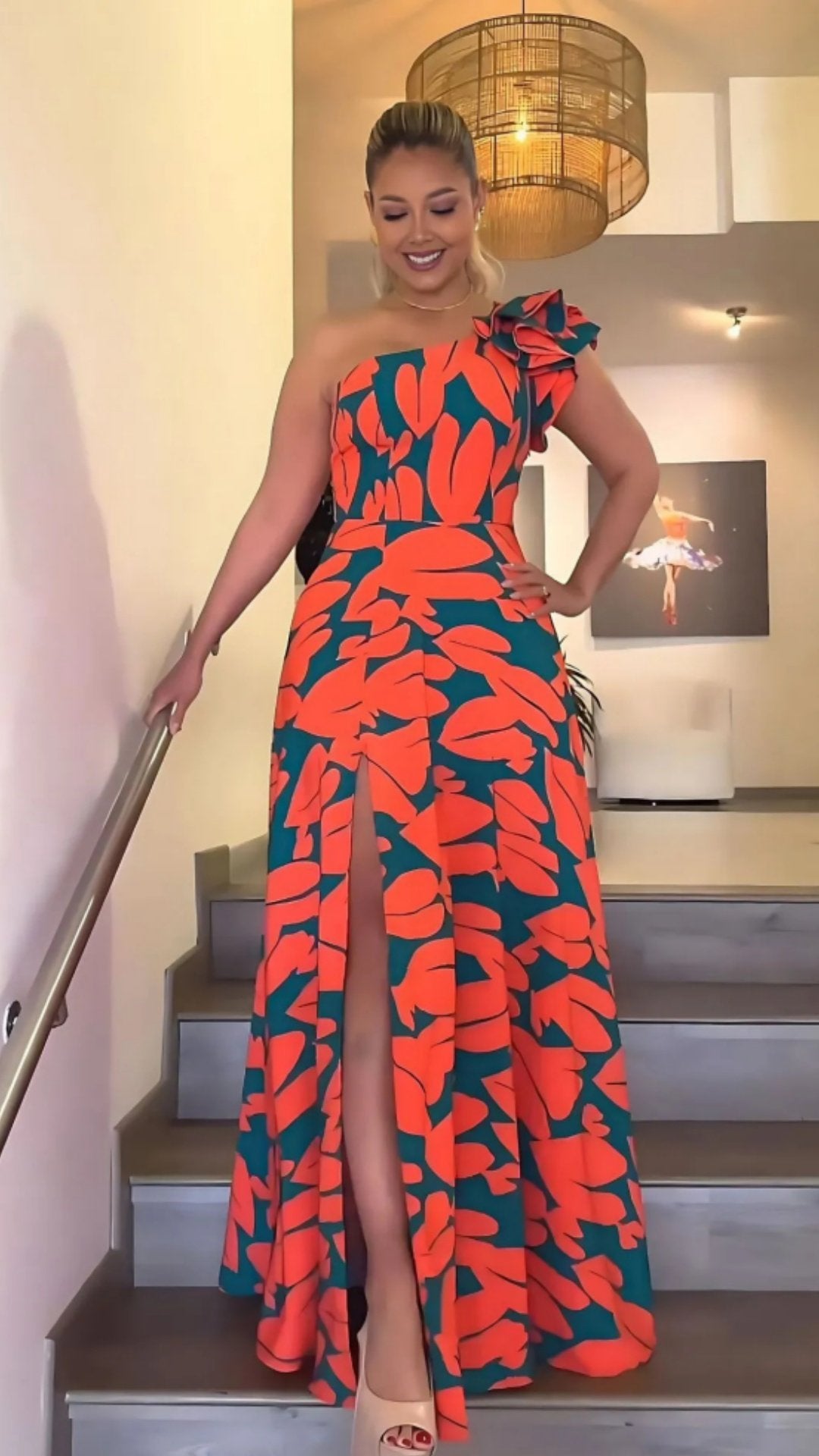 Orange One-Shoulder Sleeve Maxi Dress