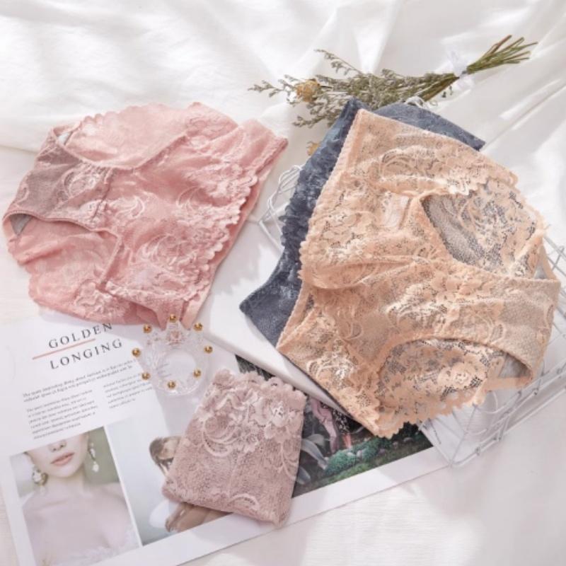 Sexy tummy-control panties for women mid-waist lace large size pure cotton antibacterial