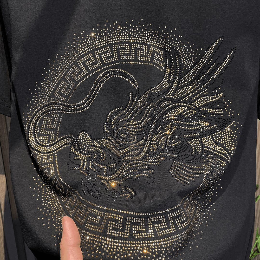Summer Short Sleeve T-shirt Slim Fit Dragon Printed Rhinestone