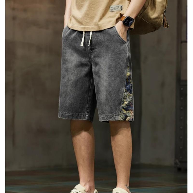 Retro Denim Shorts Men's Loose Bear Embroidery 5-Point Casual Straight Jeans