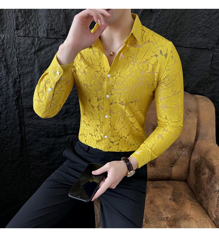 Sexy hollow light luxury lace trendy men's long-sleeved shirt