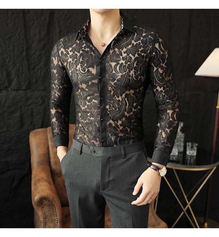 Sexy hollow light luxury lace trendy men's long-sleeved shirt