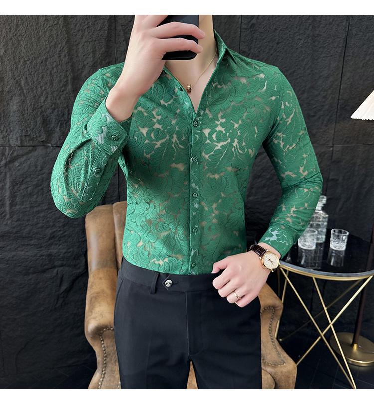 Sexy hollow light luxury lace trendy men's long-sleeved shirt