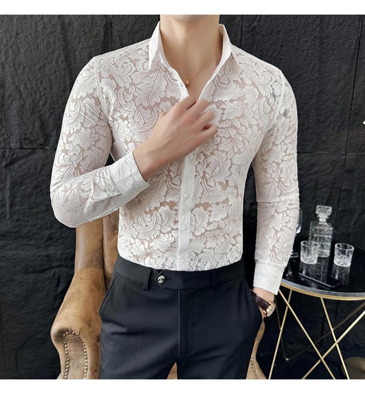 Sexy hollow light luxury lace trendy men's long-sleeved shirt