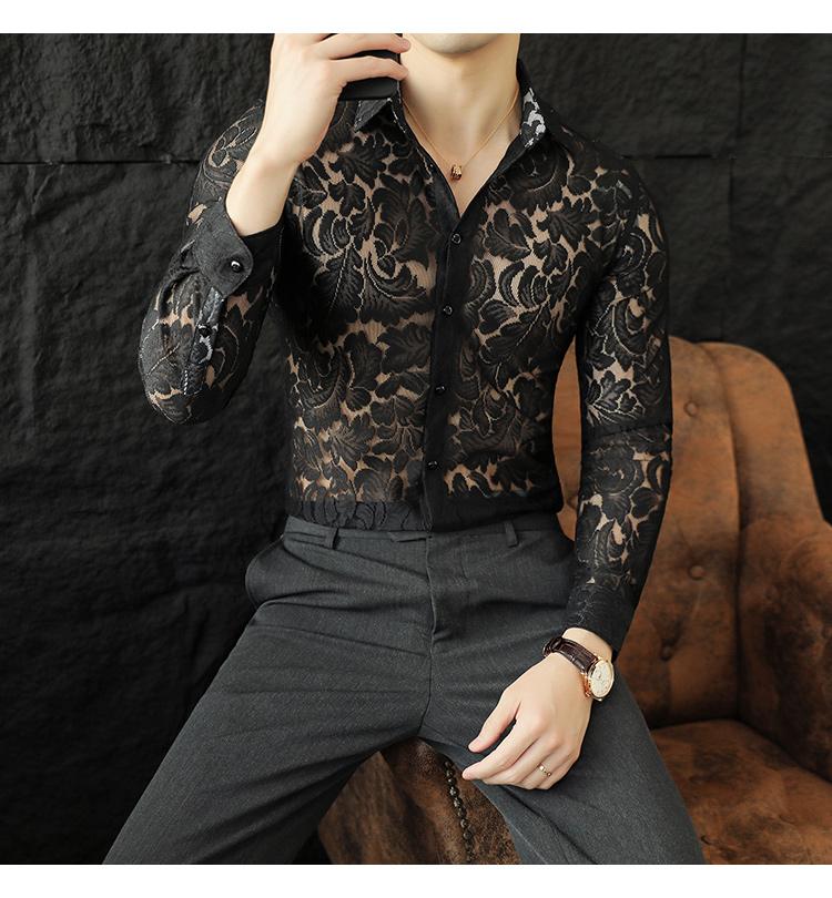 Sexy hollow light luxury lace trendy men's long-sleeved shirt