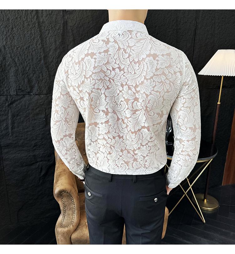 Sexy hollow light luxury lace trendy men's long-sleeved shirt