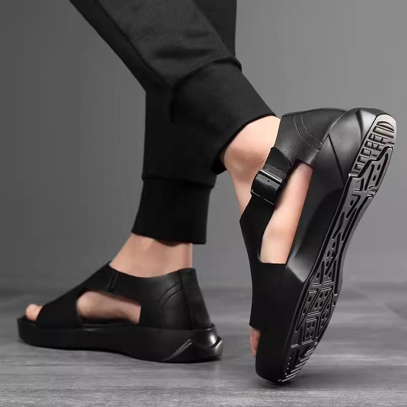 New summer top layer cowhide beach shoes thick bottom non-slip open toe sandals
