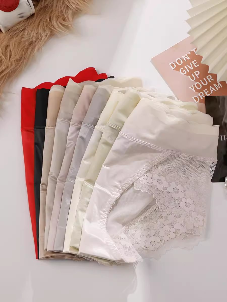 Women's mid-high waist underwear ice silk seamless sexy hip-lifting lace thin underwear
