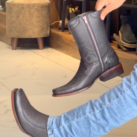 Side Zipper Western Cowhide Mid-Calf Boot