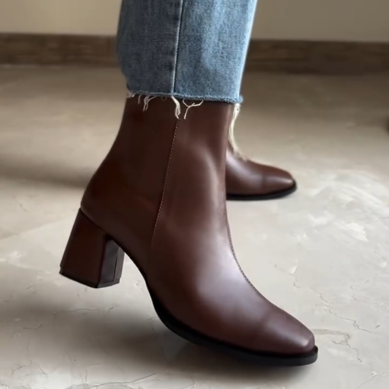 Side-Zip Leather Mid-Heel Boots