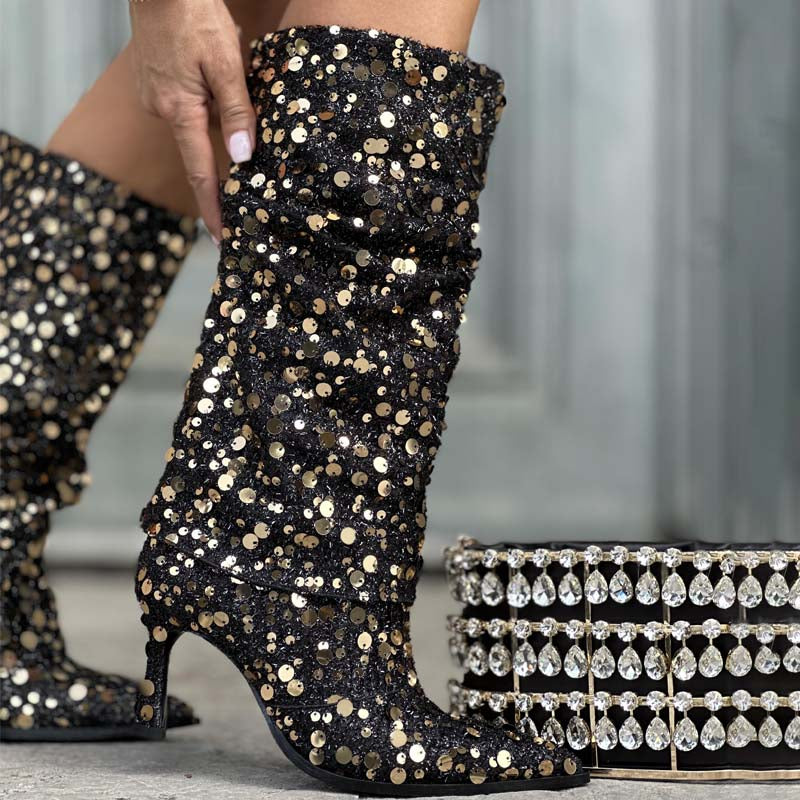 Women's Knee High Fold Over Pointed Toe Boots Glitter Riding Boots