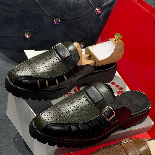 Perforated Calfskin Adjustable Half Slippers