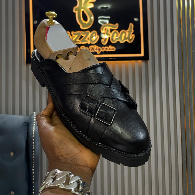 Handmade Black Cowhide Adjustable Half Slippers