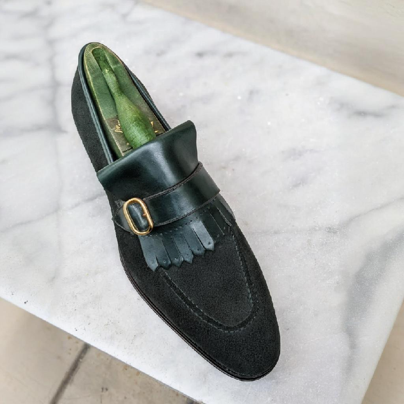 Handmade Green Suede Tassel Loafers