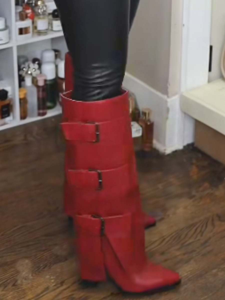 Red Leather Mid-Heel Boots