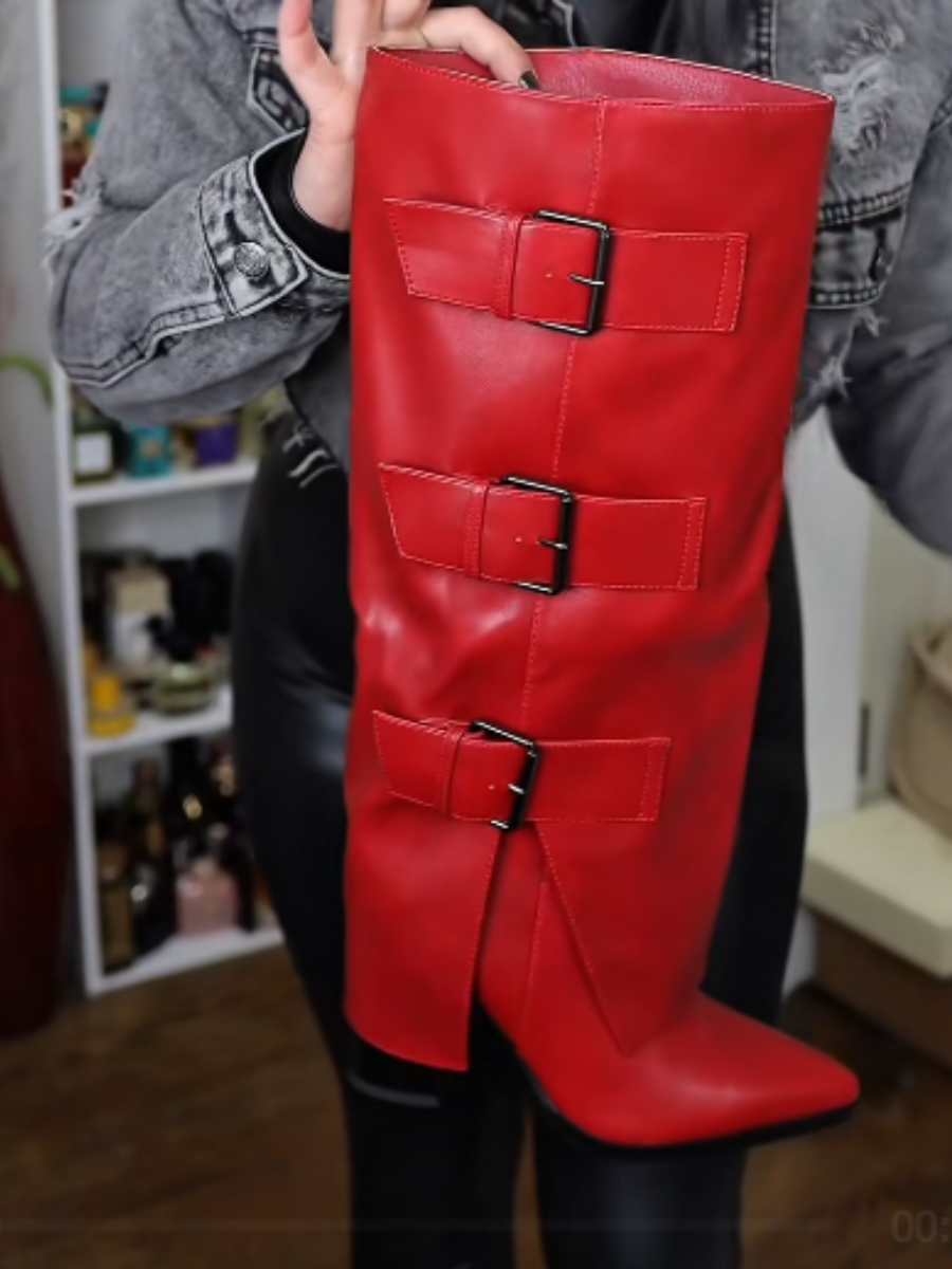 Red Leather Mid-Heel Boots