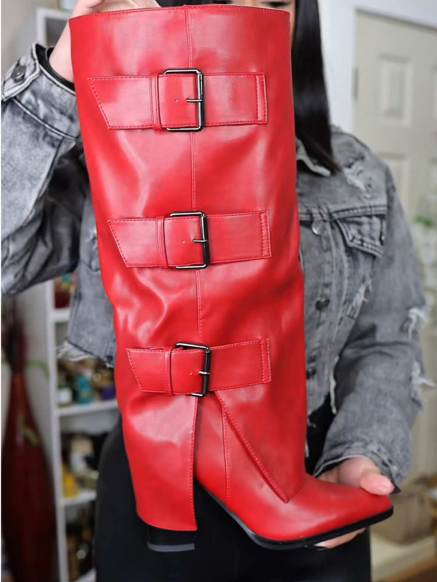 Red Leather Mid-Heel Boots