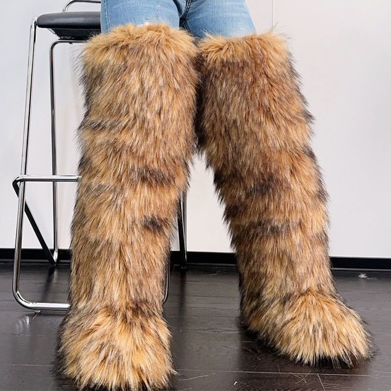 Faux Raccoon Fur Fox Fur Knee-high Fur Boots