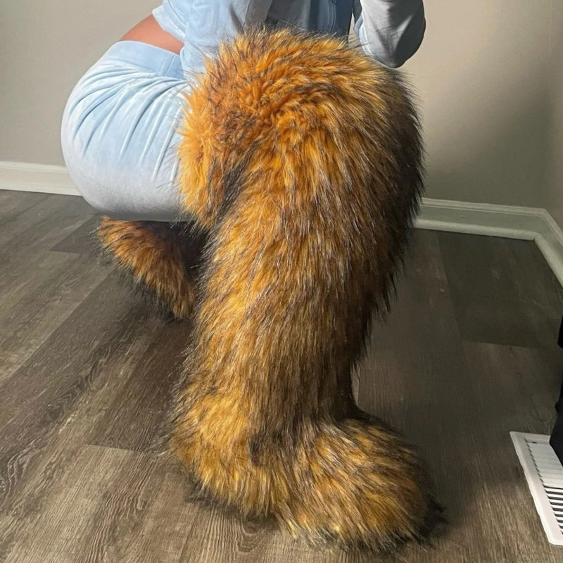 Faux Raccoon Fur Fox Fur Knee-high Fur Boots