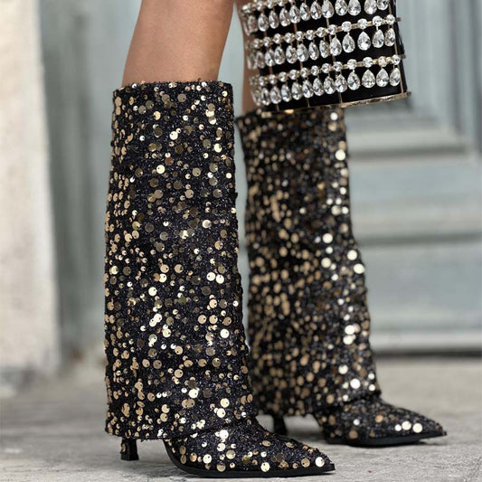 Women's Knee High Fold Over Pointed Toe Boots Glitter Riding Boots
