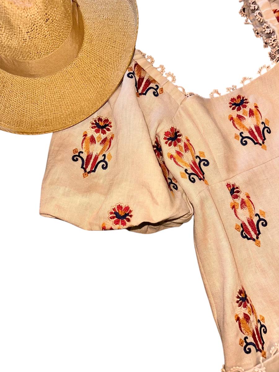 Embroidered Puff Sleeve Square Collar Dress