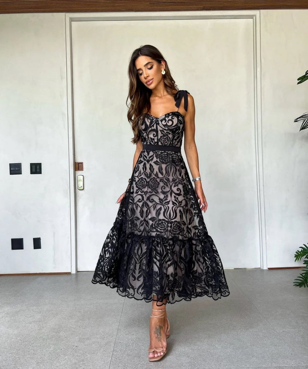 Stylish black printed sleeveless midi dress