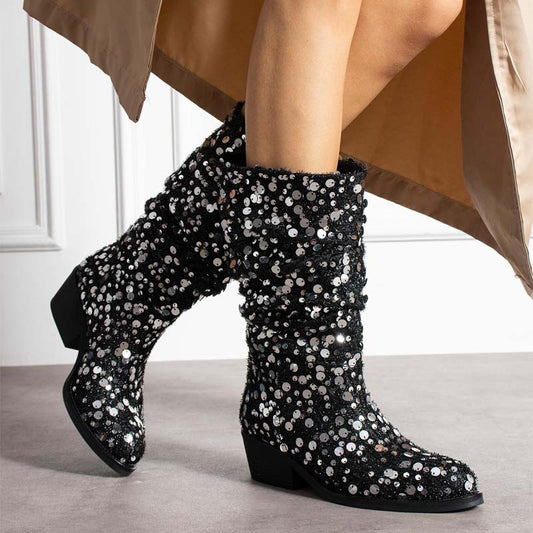 Fashion Sequined Thick Heeled Boots