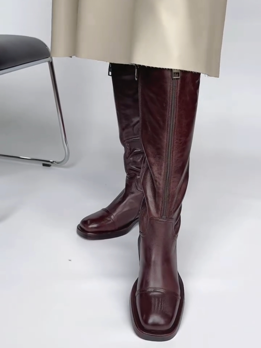Genuine Leather Lined Zip-fastening Knee-high Boots