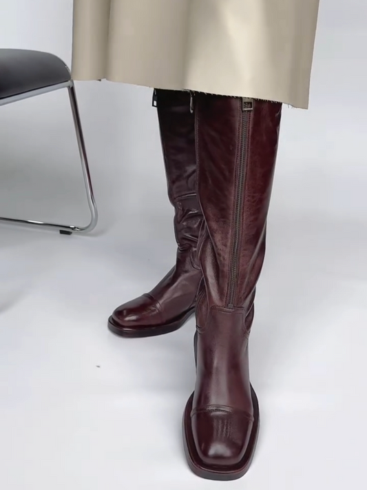 Genuine Leather Lined Zip-fastening Knee-high Boots