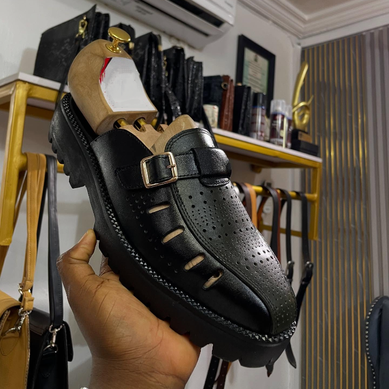 Perforated Calfskin Adjustable Half Slippers