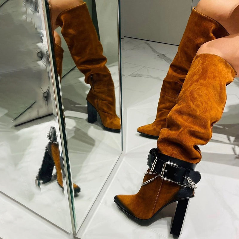 Point Toe Buckle Chain High Heel Boots