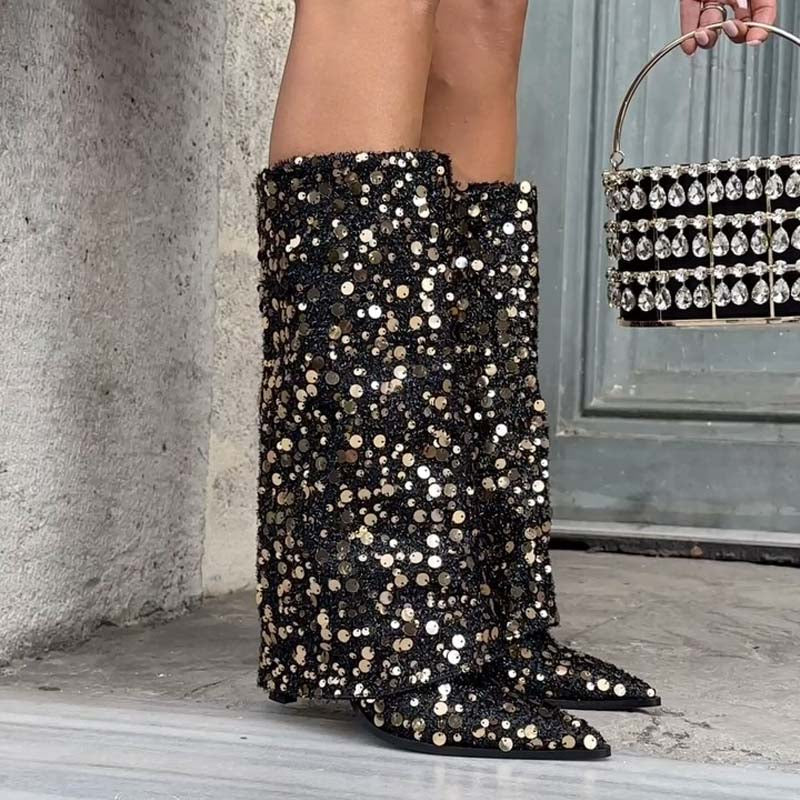 Women's Knee High Fold Over Pointed Toe Boots Glitter Riding Boots
