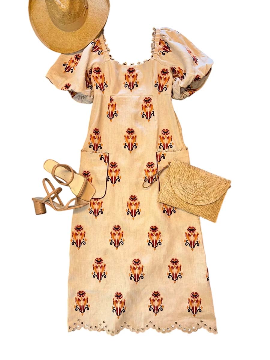 Embroidered Puff Sleeve Square Collar Dress