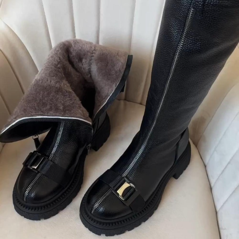 Women's Black Genuine Leather Zipper Knee-High Boots