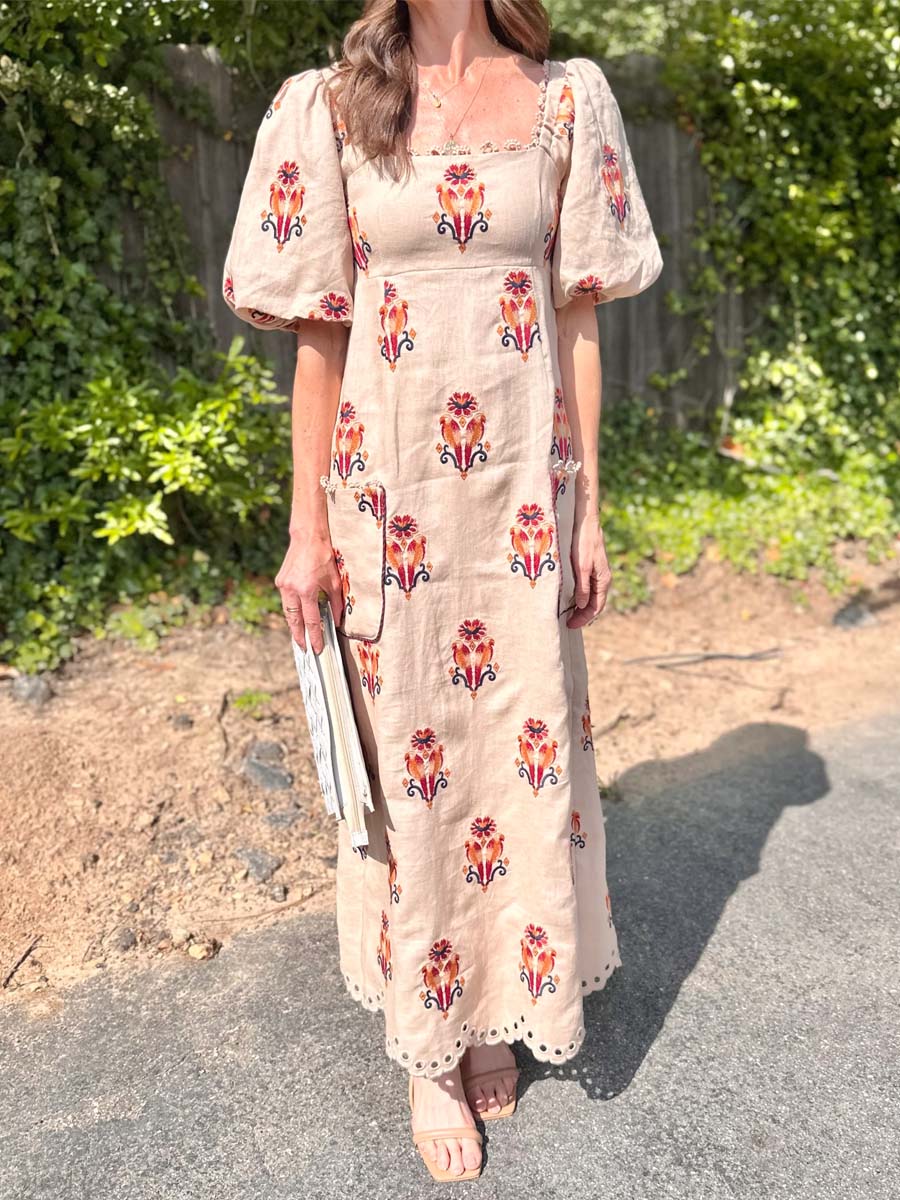 Embroidered Puff Sleeve Square Collar Dress