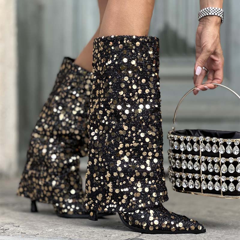Women's Knee High Fold Over Pointed Toe Boots Glitter Riding Boots