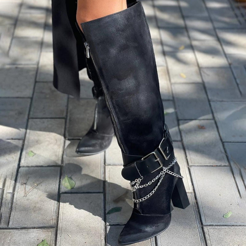 Point Toe Buckle Chain High Heel Boots