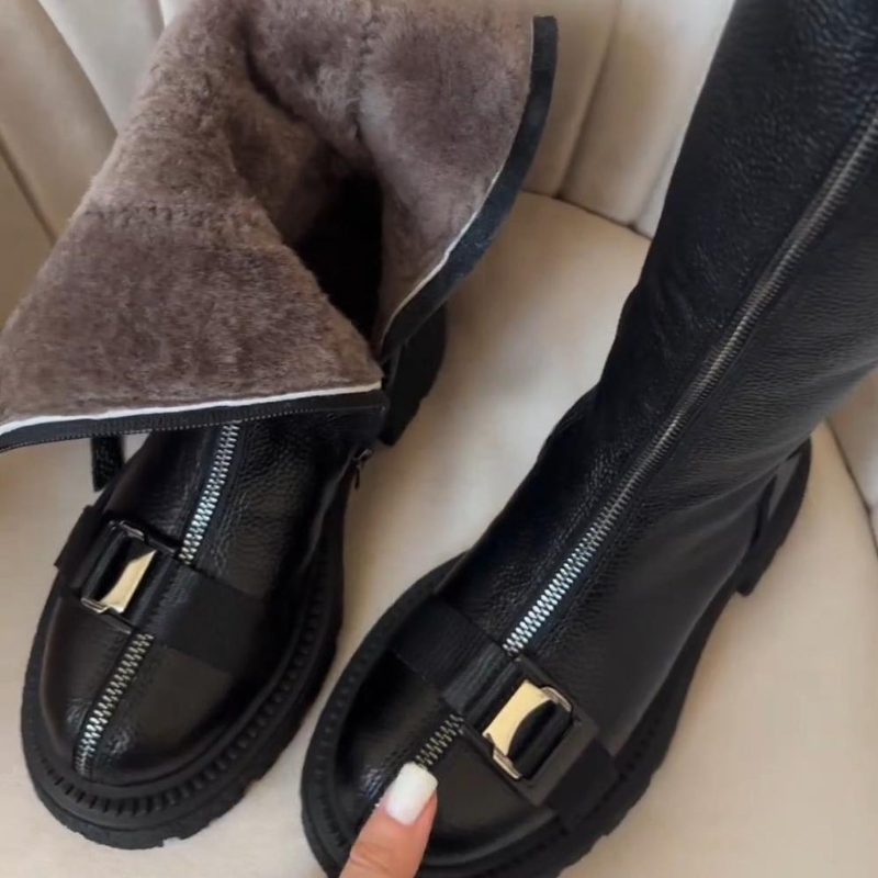 Women's Black Genuine Leather Zipper Knee-High Boots