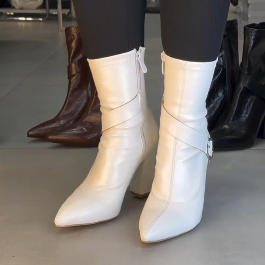 White Genuine Leather Mid-heel Boots