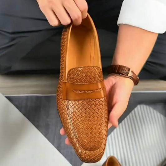 Handmade Men's Woven Brown Loafers