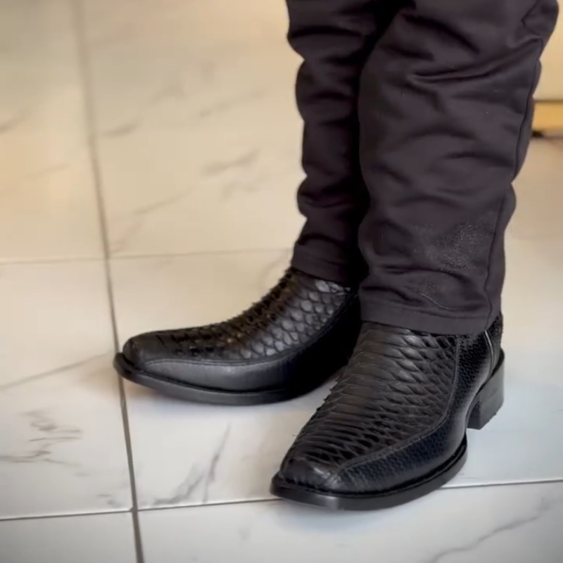 Black Crocodile-Patterned Side-Zip Cowboy Boots