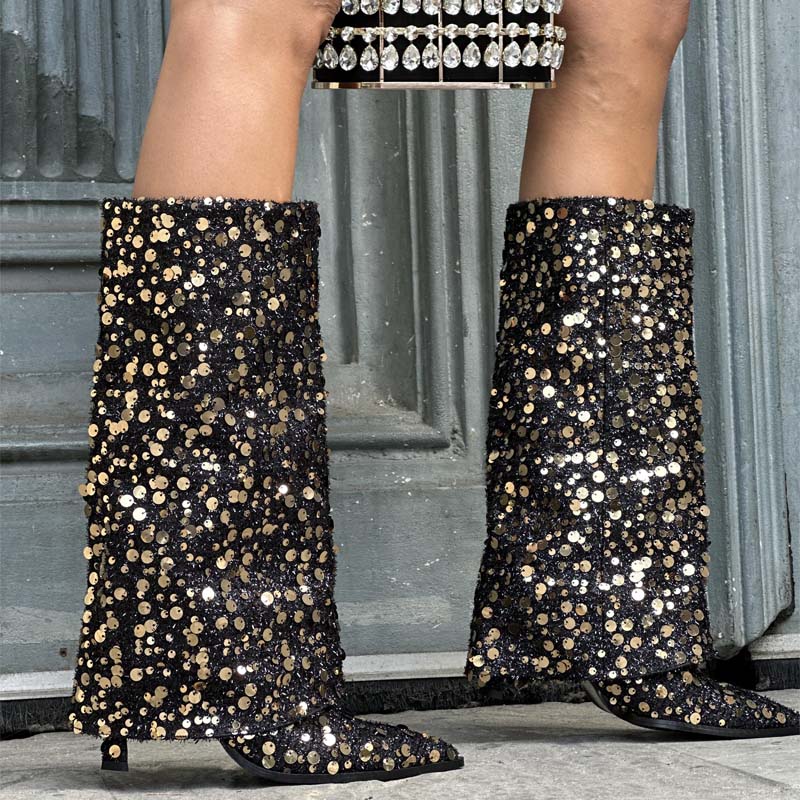 Women's Knee High Fold Over Pointed Toe Boots Glitter Riding Boots