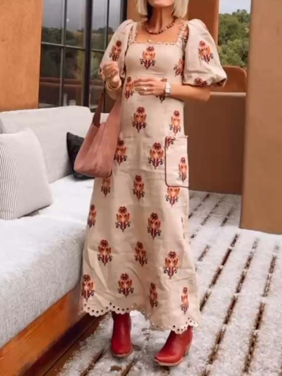 Embroidered Puff Sleeve Square Collar Dress