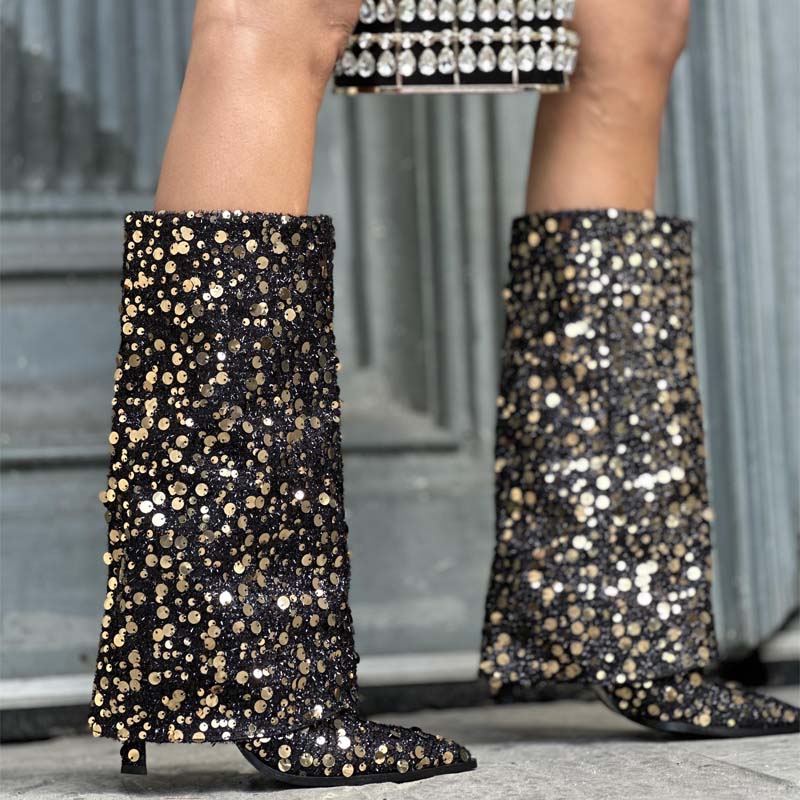 Women's Knee High Fold Over Pointed Toe Boots Glitter Riding Boots